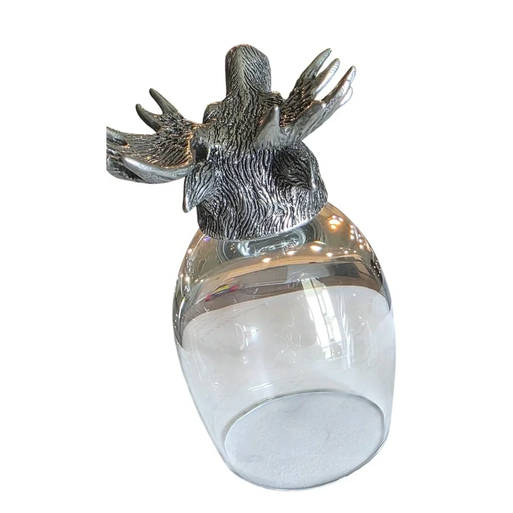 Shot Glass Set Moose Head Pewter Base Cabin Decor Silver Clear